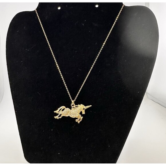 Unicorn Pendant Necklace Rhinestone Gold Tone 1-3/4" Pave Crystal 15" GF Chain - Picture 2 of 11